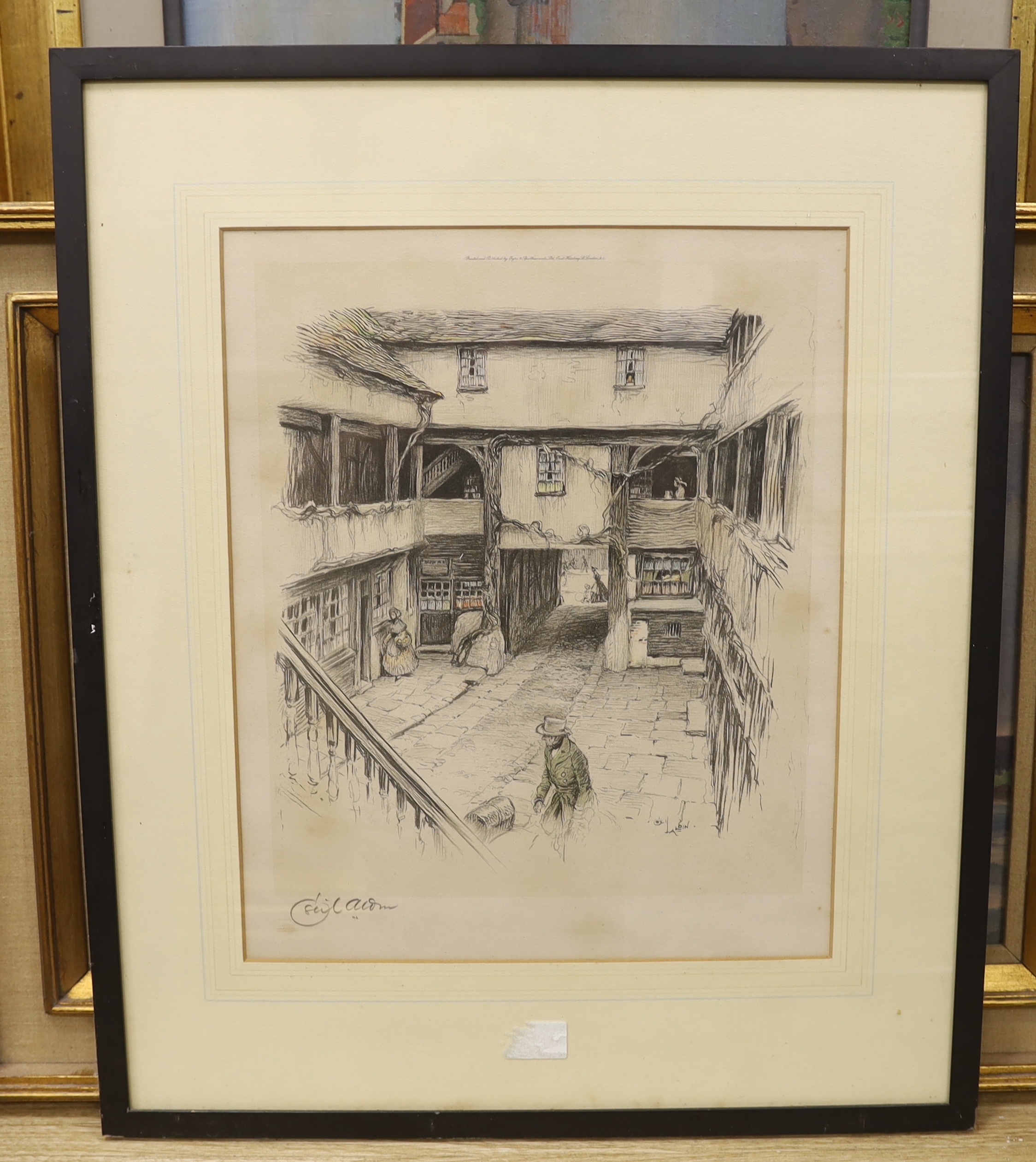 Cecil Aldin (1870-1935), colour print, Tavern courtyard, signed in pencil, 44 x 36cm